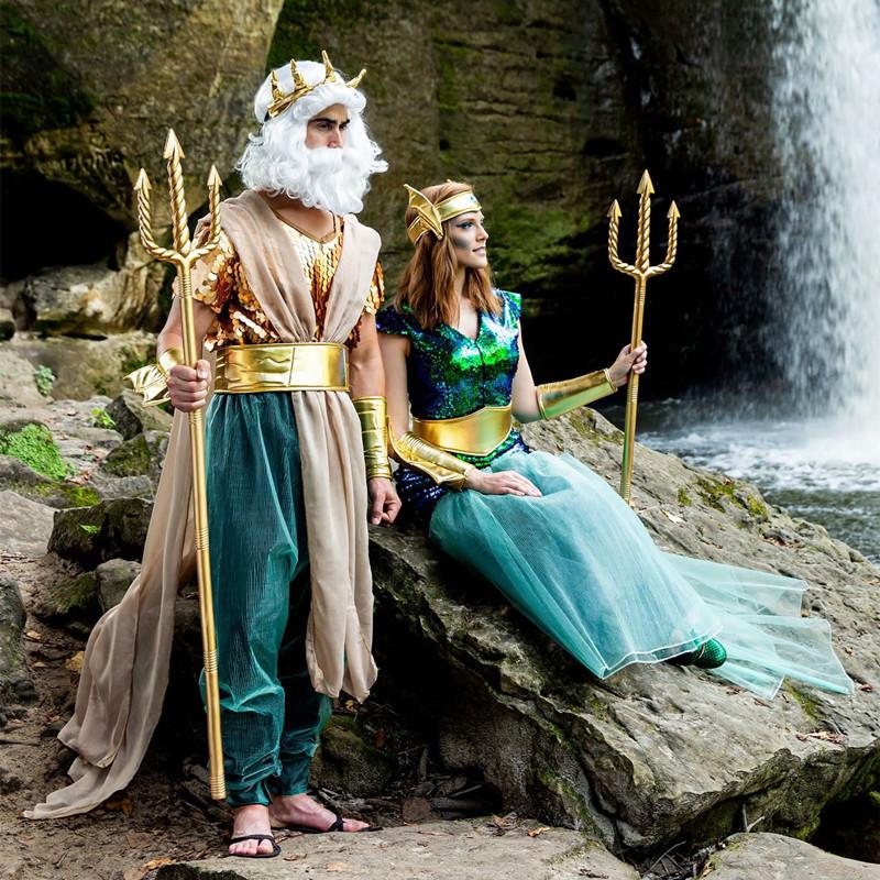Cosplay Halloween starořecký mořský bůh král draků mořská panna šaty, král moře Poseidon mořské po páru šaty