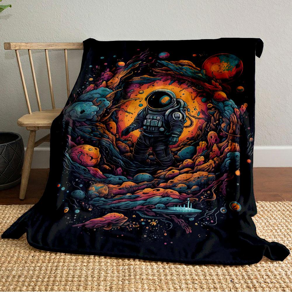 Vibrant space scene with an astronaut surrounded by swirling cosmic forms. for all seasons blanket lunch break throw gift