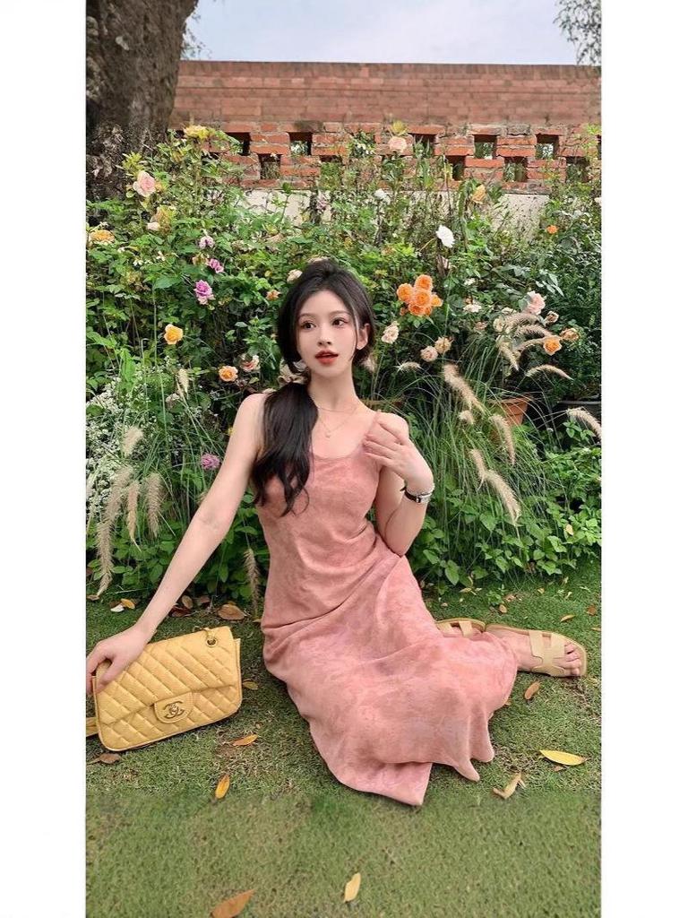 Damen Rosa Florales Fishtail Trägerkleid - Sommer Taillenbetonendes & Hüftbetonendes Design