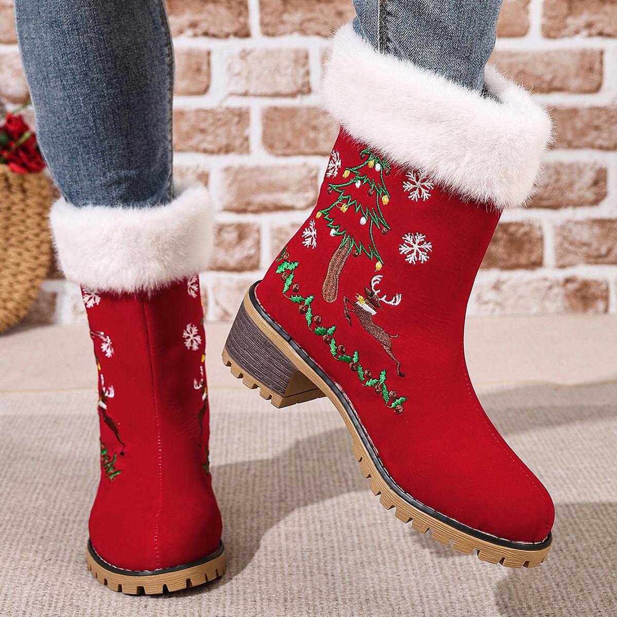 

Women s Red Christmas Embroidered Snow Boots Furry Lined Platform Round Toe Chunky Heel Ankle Booties Winter Suede Warm Shoes 36 червоний