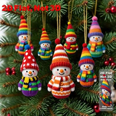 16Pcs 2D Flat Snowman Wooden Ornaments DIY Knitted-Style Christmas Tree Pendants Colorful Reusable Xmas Tree Hanging Ornament