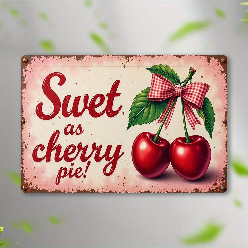 Timeless Retro Cherry & Pink Bow Metal Tin Sign. The "Sweet as Cherry Pie" wall art is a timeless piece of decor for the home