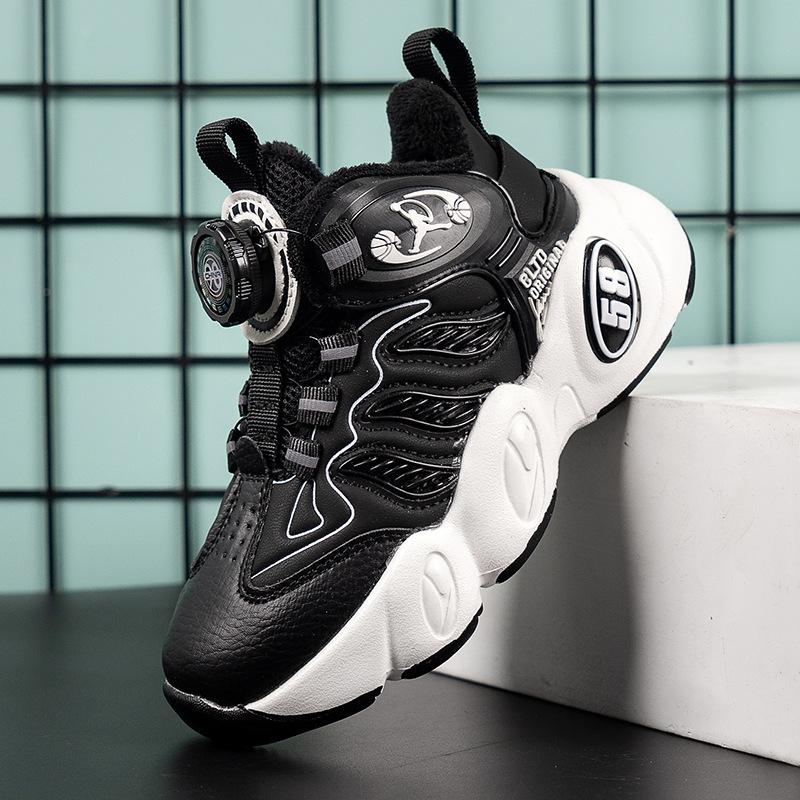 

Обувь для мальчиков осень и зима новые два хлопка плюс флис теплые детские спортивные туфли вращающиеся кнопки большие детские баскетбольные туфли 37 чёрный