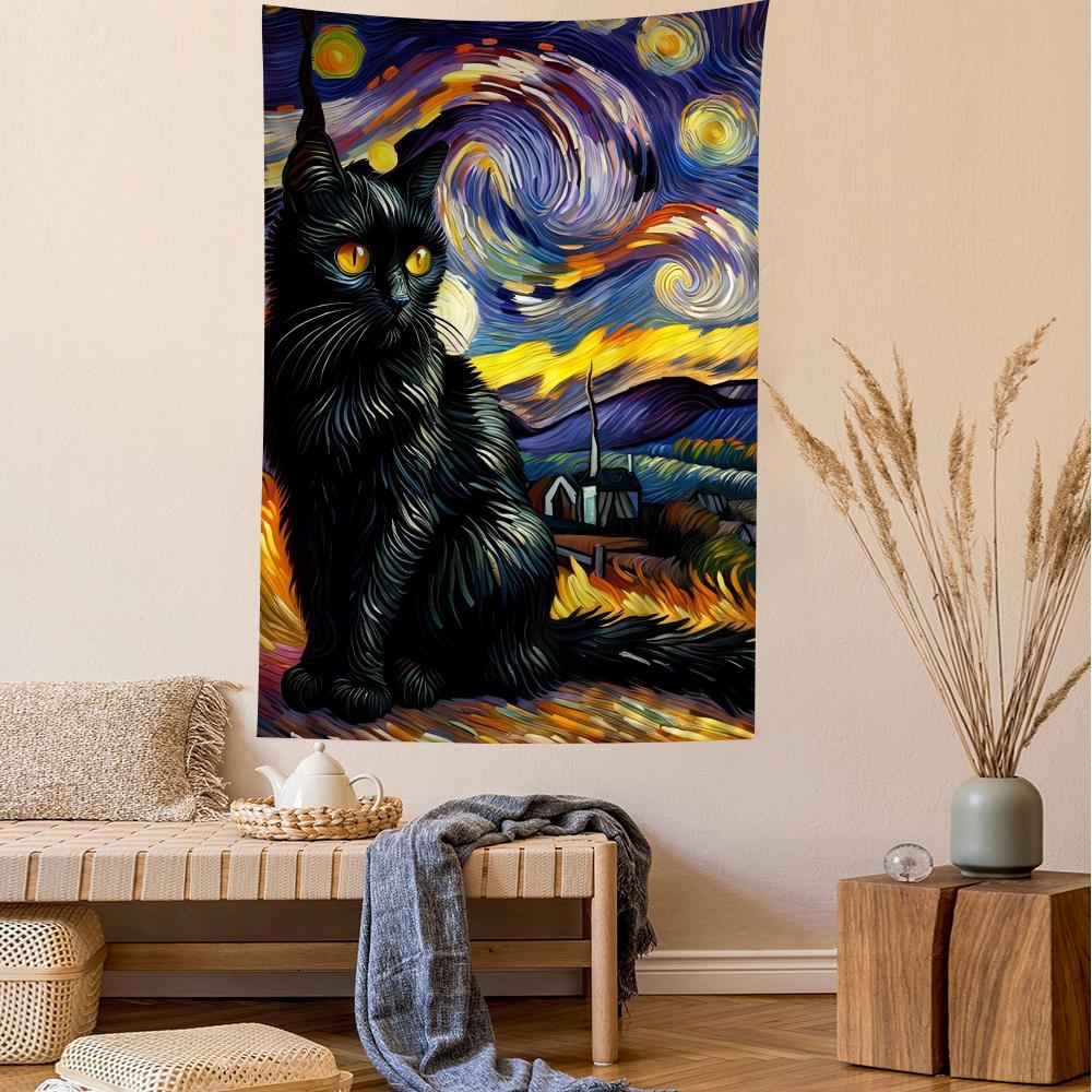 

VIKAMA Summer Starry Night Black Cat Tapestry Garden Path Rooftop Double Cat Swirl Starry Night Living Room Room Decoration 74x94cm(29x37in)