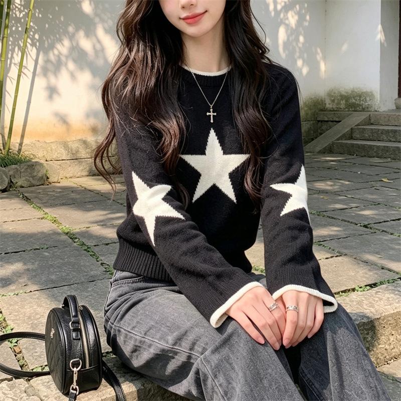 Black and white contrasting colors pentagram jacquard crew neck sweater women's autumn and winter new retro American soft waxy pullover knitted