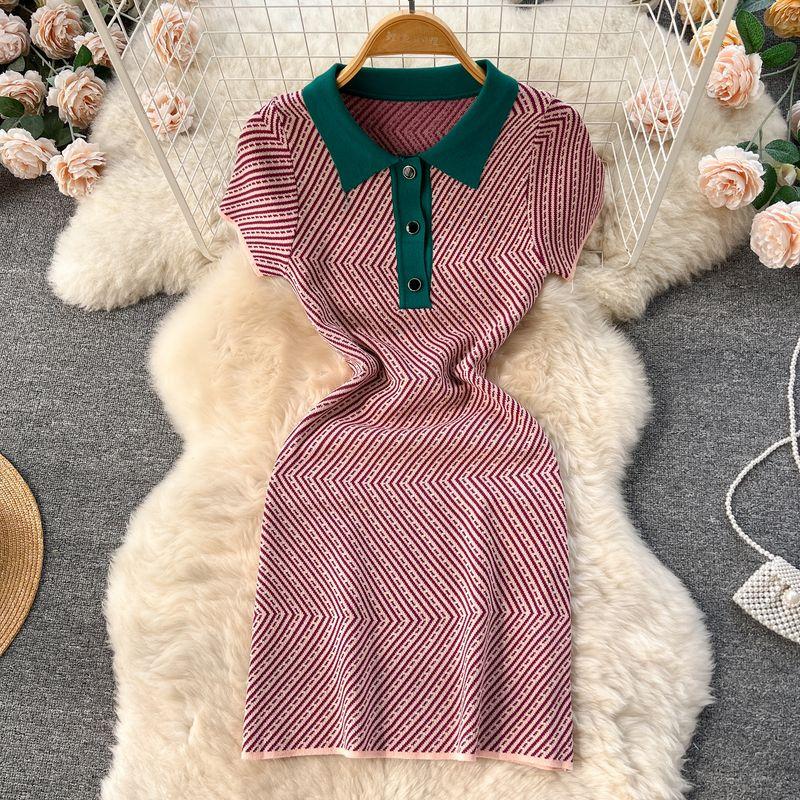 

Polo Mixed Color Stripe Summer New Arrival Print Dress Red One size