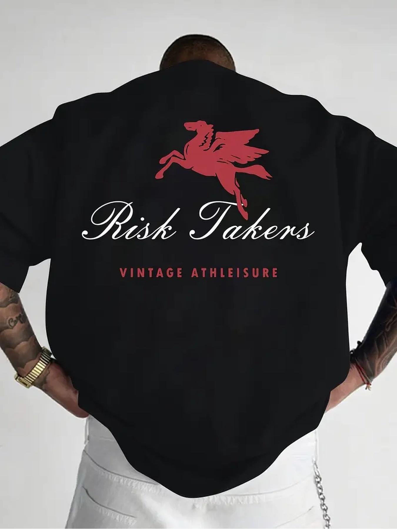 

European size Men s Risk Takers Vintage Athletic Dragon Print T-Shirt - Red Dragon & Risk Takers Logo Design, Loose Fit Round Neck Short Sleeve Tee 4XL чорний