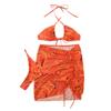 Women's Printed Bikini Set Three Piece Swimsuit Halter Neck Tie Top High Waist Bottom Beachwear Cover Up Skirt