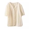 Johnature Woman Summer Fashion Embroidery Cotton Short Sleeves Shirt Chinese Style Vintage Solid Color Loose Shirt