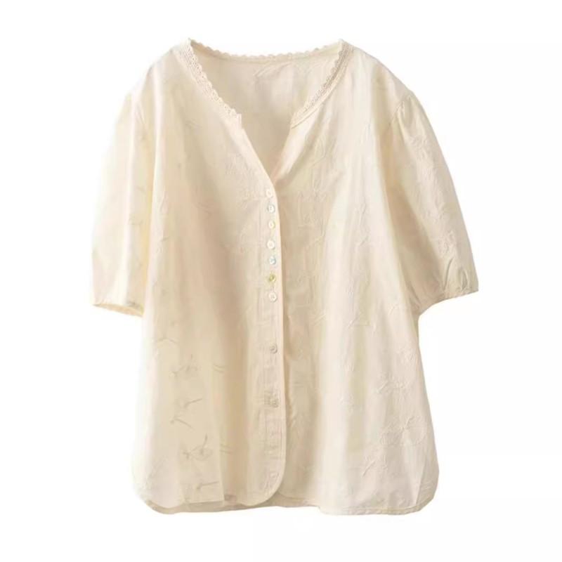 Johnature Woman Summer Fashion Embroidery Cotton Short Sleeves Shirt Chinese Style Vintage Solid Color Loose Shirt
