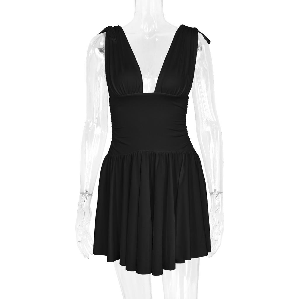 Nuovo vestito estivo da donna senza maniche a gonna corta del produttore, vestito sexy con scollo a V profondo plissettato europeo e americano
