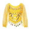 Belly Dance Fluffy Long Sleeve Chiffon Sequin Dance Sparkly Coin Fringe Shirt for Festivals and Belly Dance Show Outerwear with Exposed Umbilical Cord