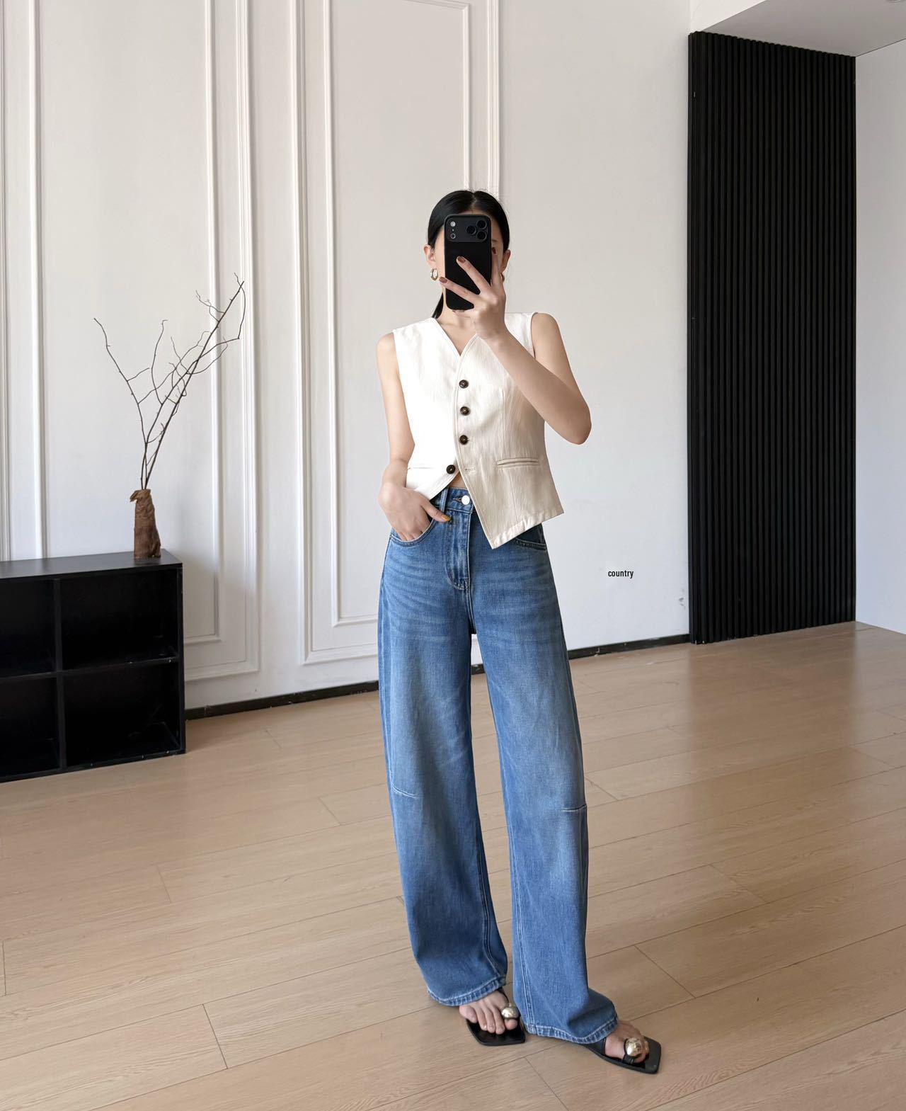 

Women s 3D Cut High-Waisted Curved and Straight Wide-Leg Jeans – Slimming, Leg-Lengthening, Hip-Covering, Loose, and Versatile Long Pants. 27 (105-115 lbs) средний синий