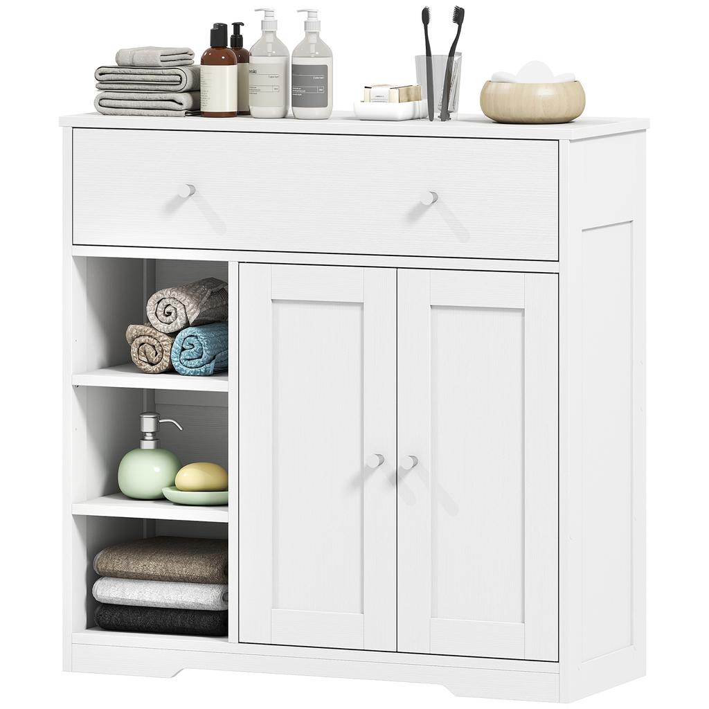 Bathroom Cabinet with 1 Drawer, 2 Doors, 3 Open Compartments, Scandinavian Style, 80x30x80.2cm, White