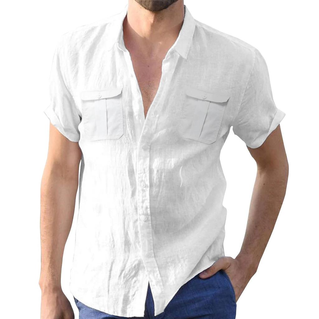 Men's Summer Solid Color Cotton Linen Short Sleeve Shirt Casual Fashion Loose Lapel Shirt
