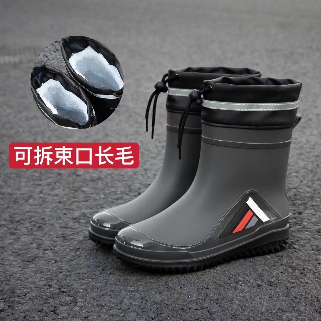 Rain shoes men's medium tube non-slip waterproof shoes new fashion outdoor closed water boots warm short tube rubber shoes men's fashion