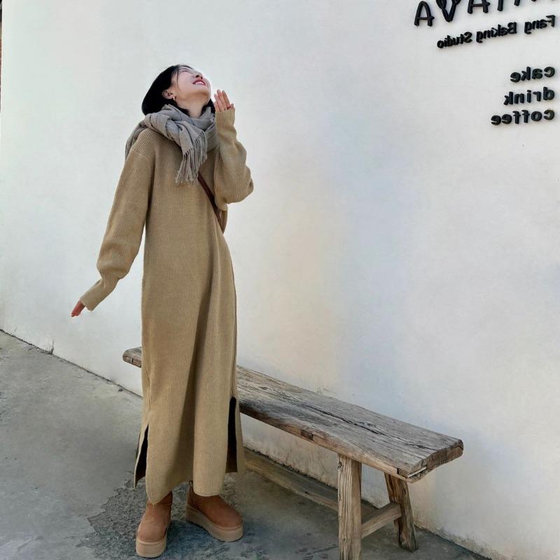 

Вязаное платье с V-образным вырезом в стиле ретро, свободного кроя, основа для пальто, юбка-свитер внутри, осень и зима XL хаки