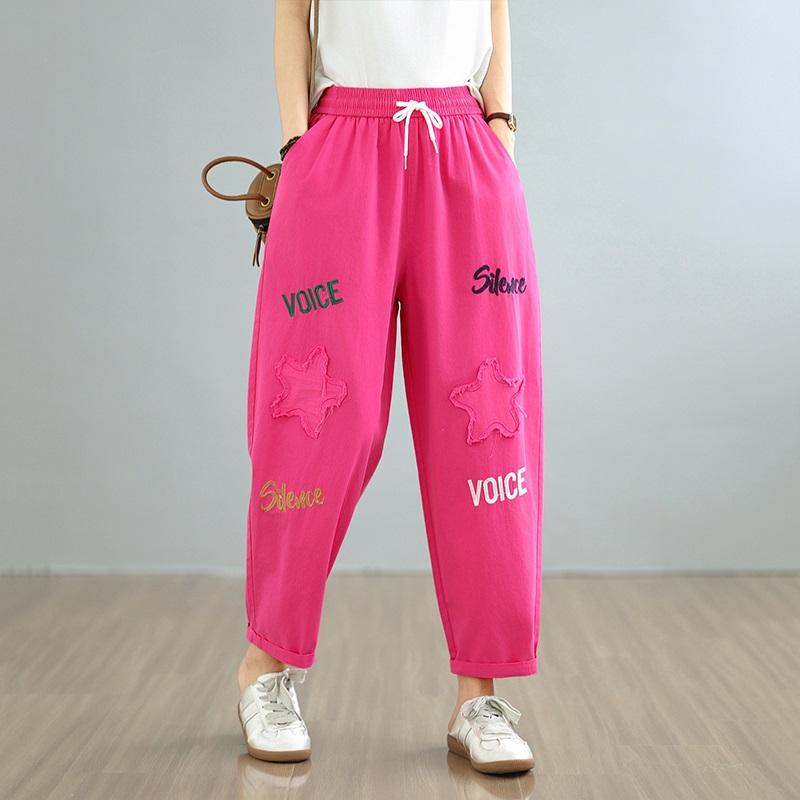 Plus Size Thin Vintage Embroidery High Waist Casual Loose Women Summer Jeans Denim Harem Pants