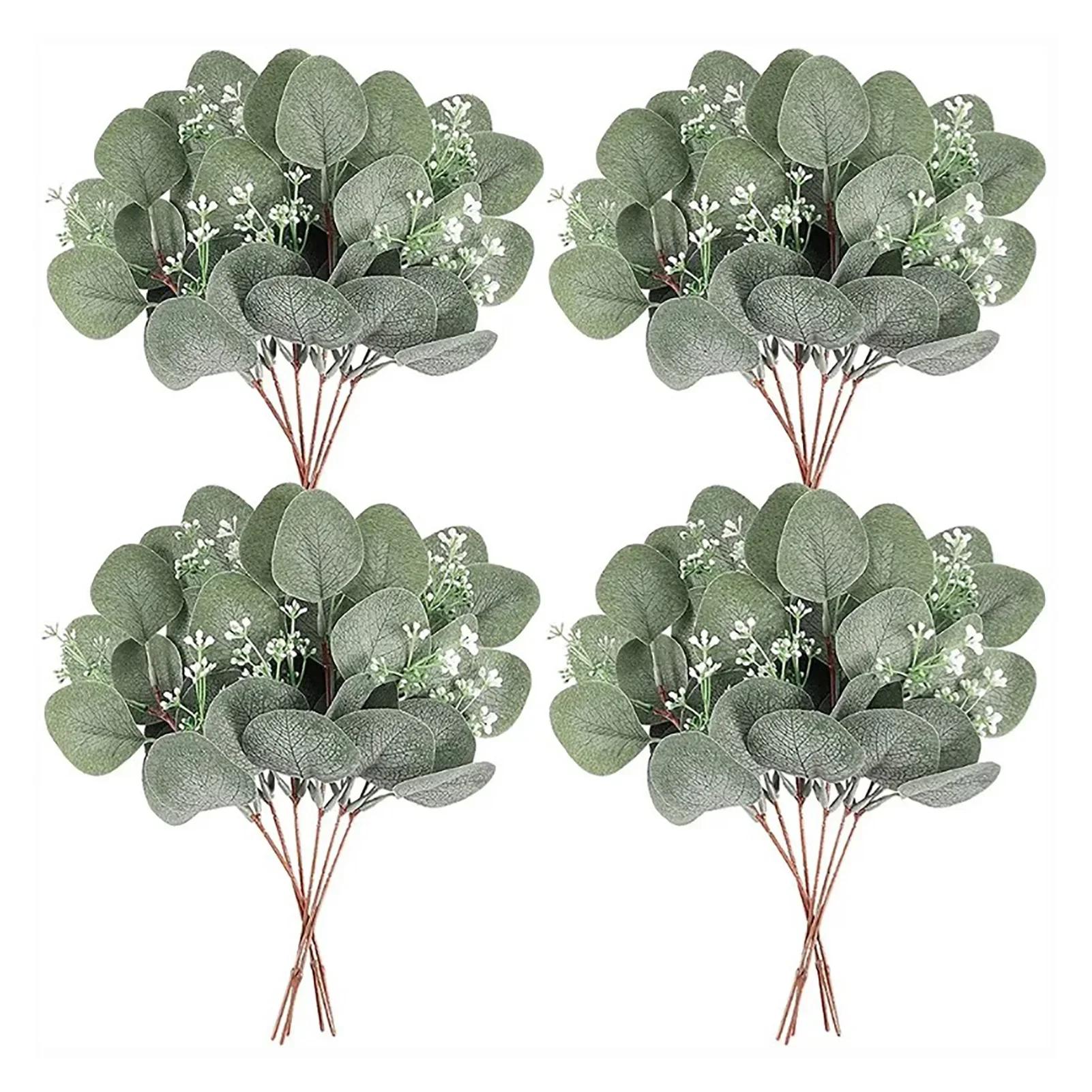 

24pcs Artificial Eucalyptus Stem Branches Round Eucalyptus Leaf With White Flower Wedding Home Decor Plant DIY Wreath Accessorie зелений