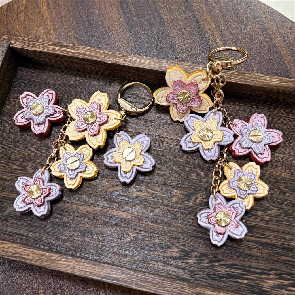 Genuine leather top layer cowhide cherry blossom bag pendant flower ornament car keychain ornament bag hanging ornament Vintage