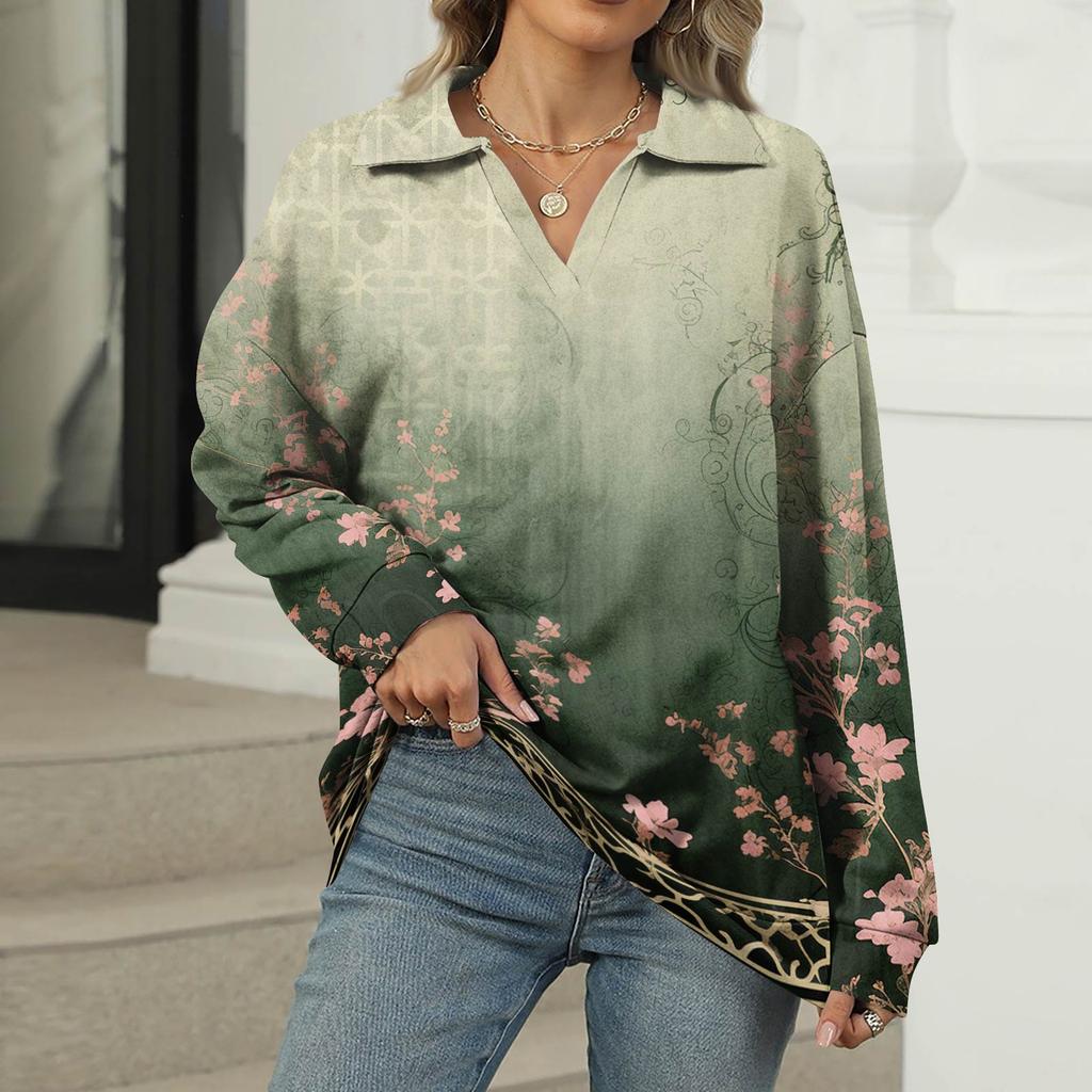 Women's Summer Fashion Casual  Printed V-Neck Long Sleeve Shirt Top