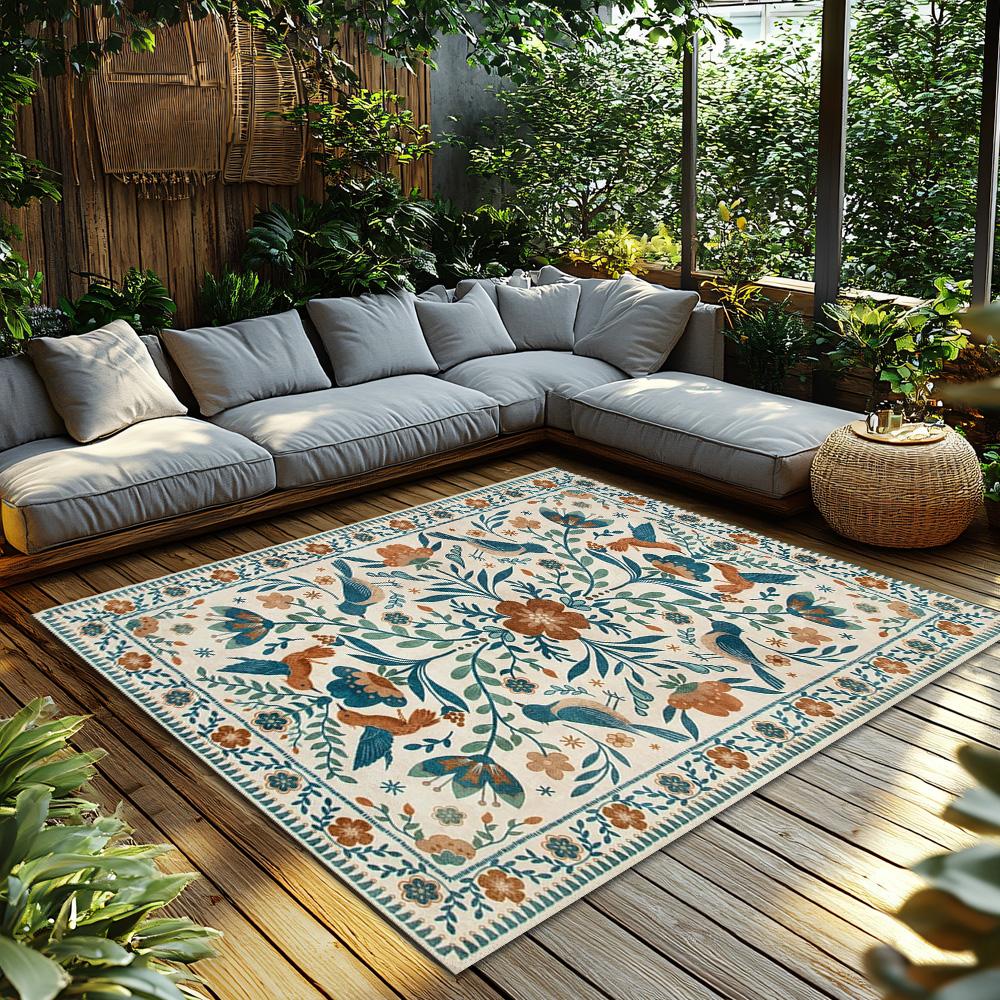 Cream Blue Green Floral Bohemian Rug, Orange Accent Non-Slip Living Room Carpet, Soft Vintage Style Home Decor Mat