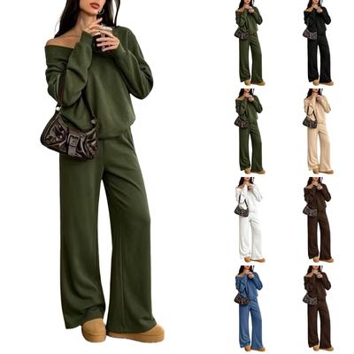 Women's Casual Knit Long Sleeve V-Neck Sweatshirt and Wide Leg Pants 2 Piece Outfit