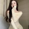 Solid color pure desire one-word collar off-the-shoulder long-sleeved dress for women's autumn new slim-fit drawstring Spice girl hip-wrapped short sk