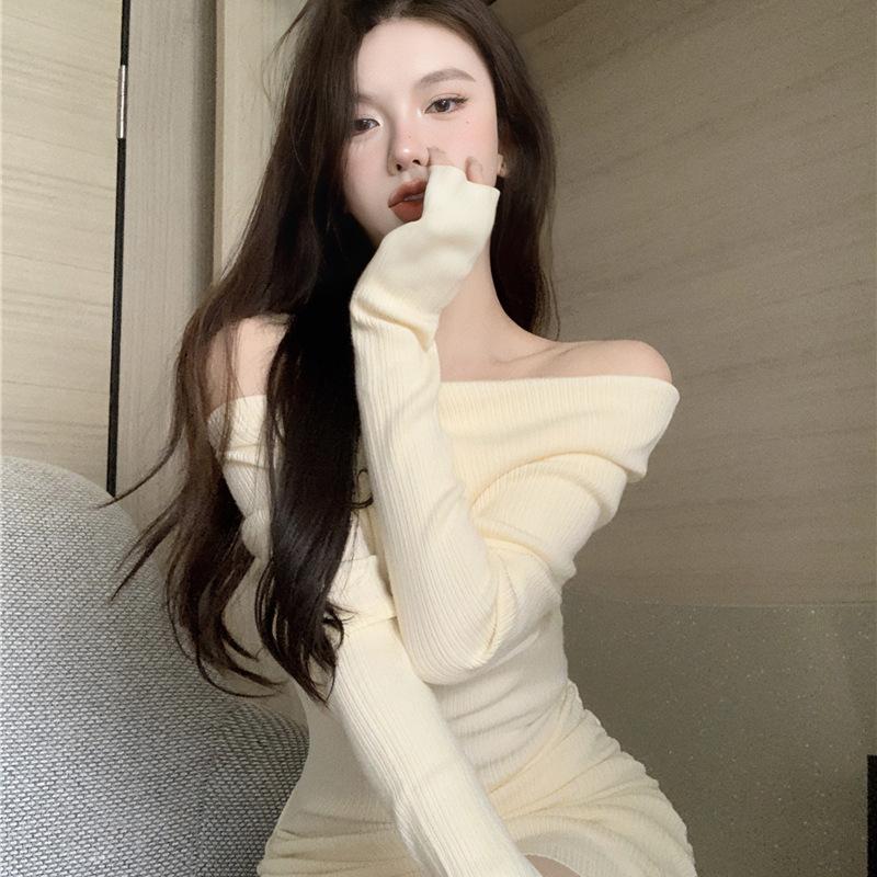 Solid color pure desire one-word collar off-the-shoulder long-sleeved dress for women's autumn new slim-fit drawstring Spice girl hip-wrapped short sk