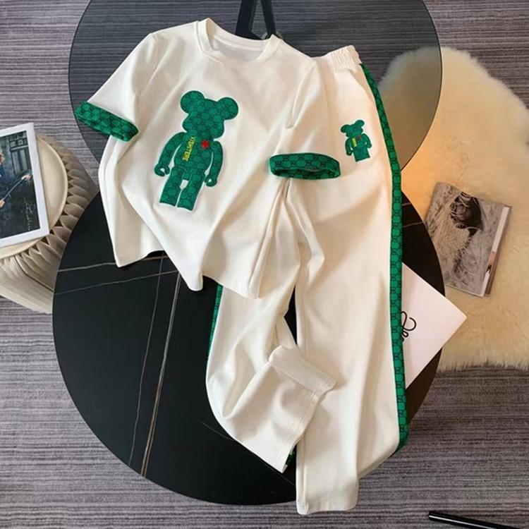 

Повседневный спортивный костюм, женский летний модный комплект с короткими рукавами и круглым вырезом, широкие брюки, комплект из двух предметов