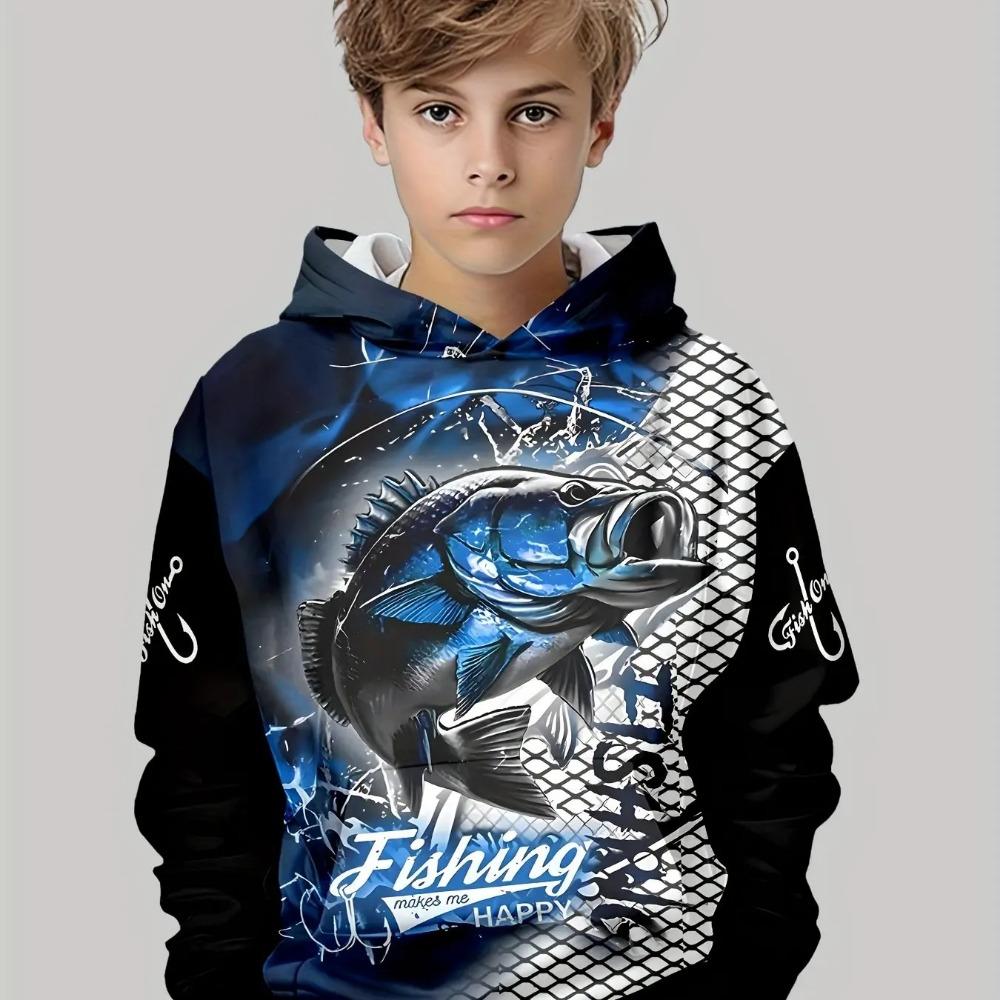 Children's Fishing Pattern 3D Digital Printing, Boys' Hip Hop Personality Hooded Sweatshirt