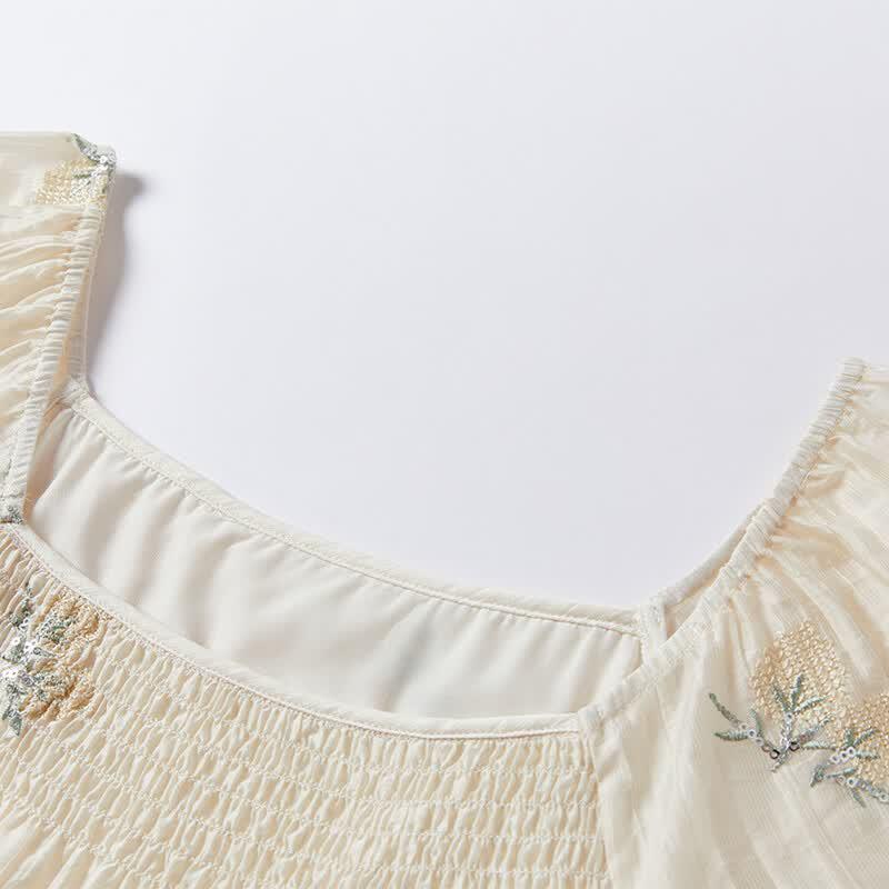 Women's French Embroidered Floral Square Neck Babydoll Blouse
