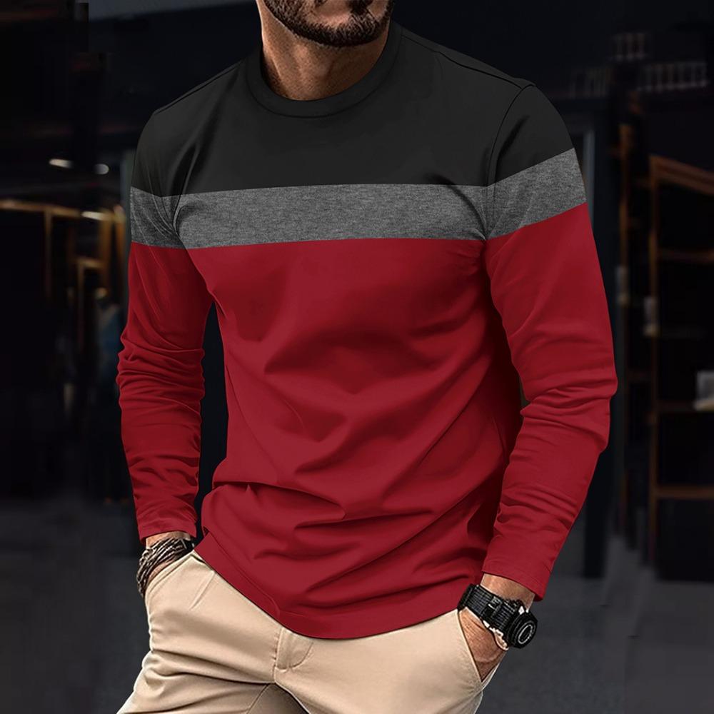 Men's Round Neck Long Sleeve Color-blocking Bottoming Shirt Pull-out Thin Long Sleeve T-shirt