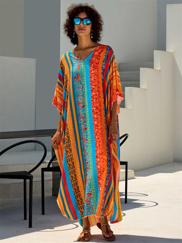 EDOLYNSA 2024 Bohemian Colorful Printed Free Kaftan Mrs Roper Long Dress Summer Vacation Beach Swimsuit Cover Up Cozy Homewear Robe Q1690
