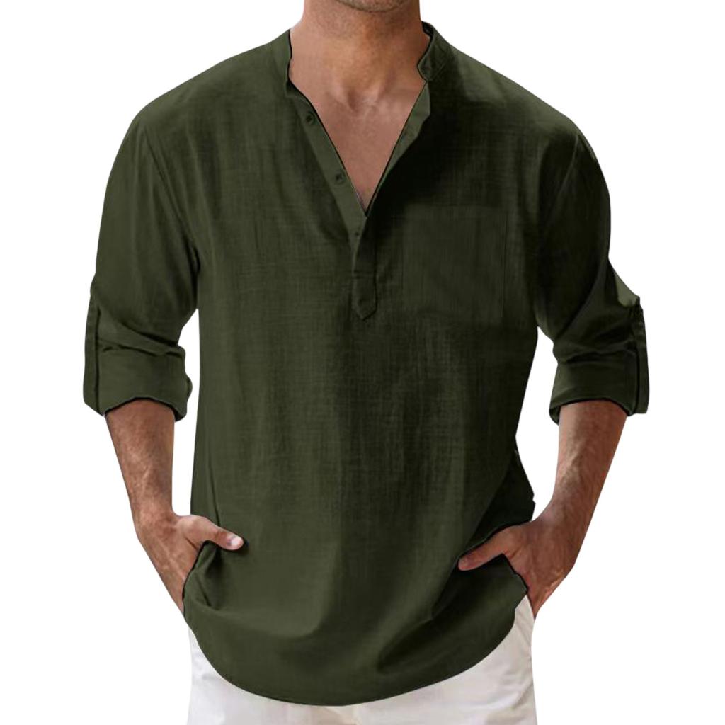 Pánská móda Stojáček Jednobarevná košile Ležérní top s dlouhým rukávem