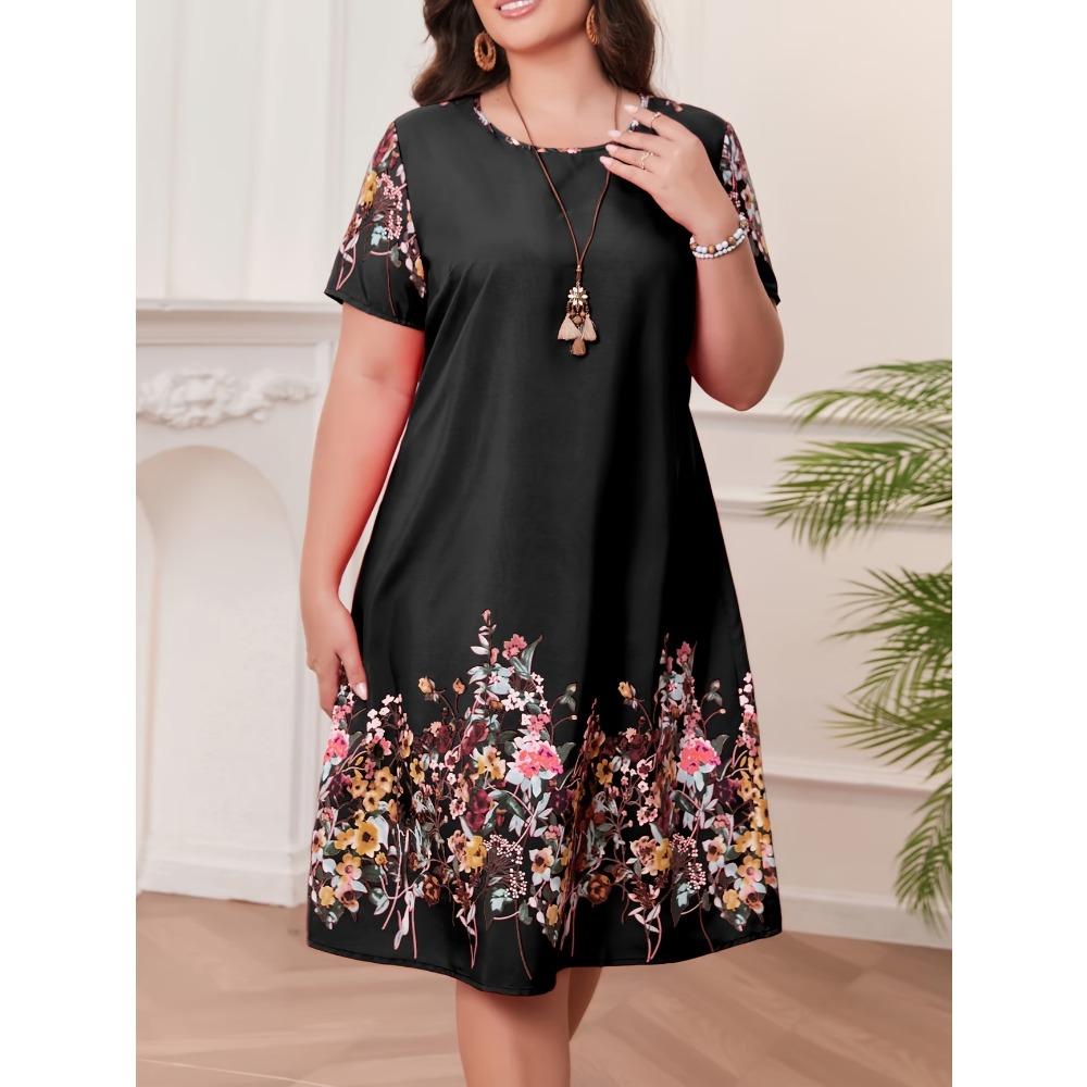 Big Size Women's Dress 3D Vintage Floral Summer Short Sleeve round Neck Casual Dress