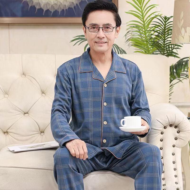 Yu Zhaolin Men's Mid-Aged Long Sleeve Cotton Pajama Set
