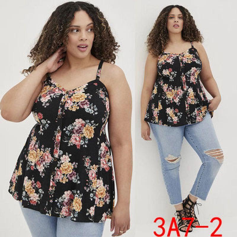 

100.00kg Plus Size Women s Clothing Export Export European and American Single Print Cotton Linen Sleeveless Bottoming Shirt Tops Vest Summer Black 2