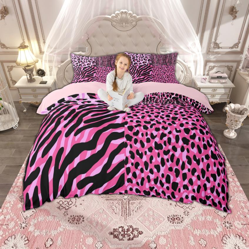 Homewish Girls Hot Pink Duvet Cover Set 2pcs/3pcs, Zebra Leopard Print Bedding, Cheetah Printed Quilt Cover Set