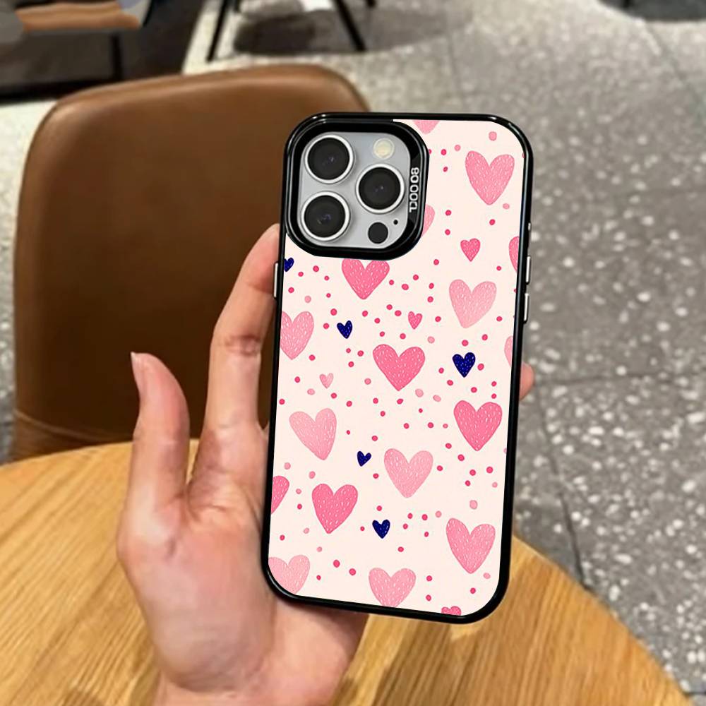 C-Cute P-Pink Love Heart   Phone Case For iPhone17,16,15,14,13,12,11 Plus,Pro Max Colored Silver Plated Inside Cover