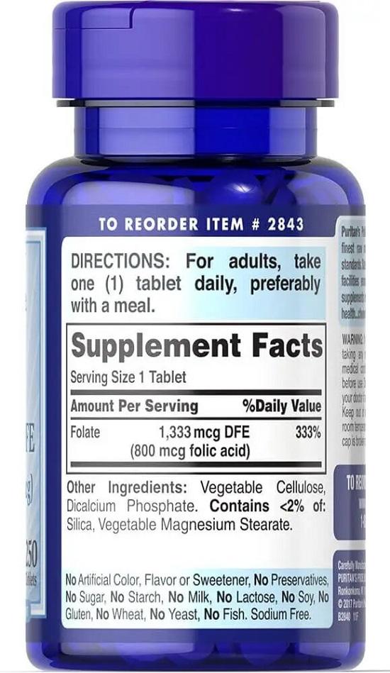 Puritan's Pride Kwas foliowy 1333 mcg DFE ( kwas foliowy), Zakładka 250