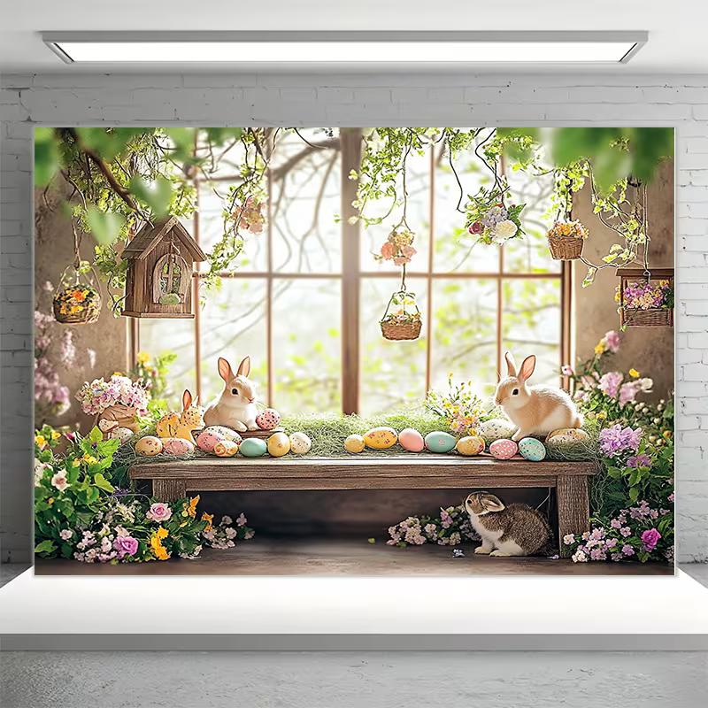 2D Happy Easter Backdrop Cloth 2D Print Floral Garden Bunny Living Room Wall Decor