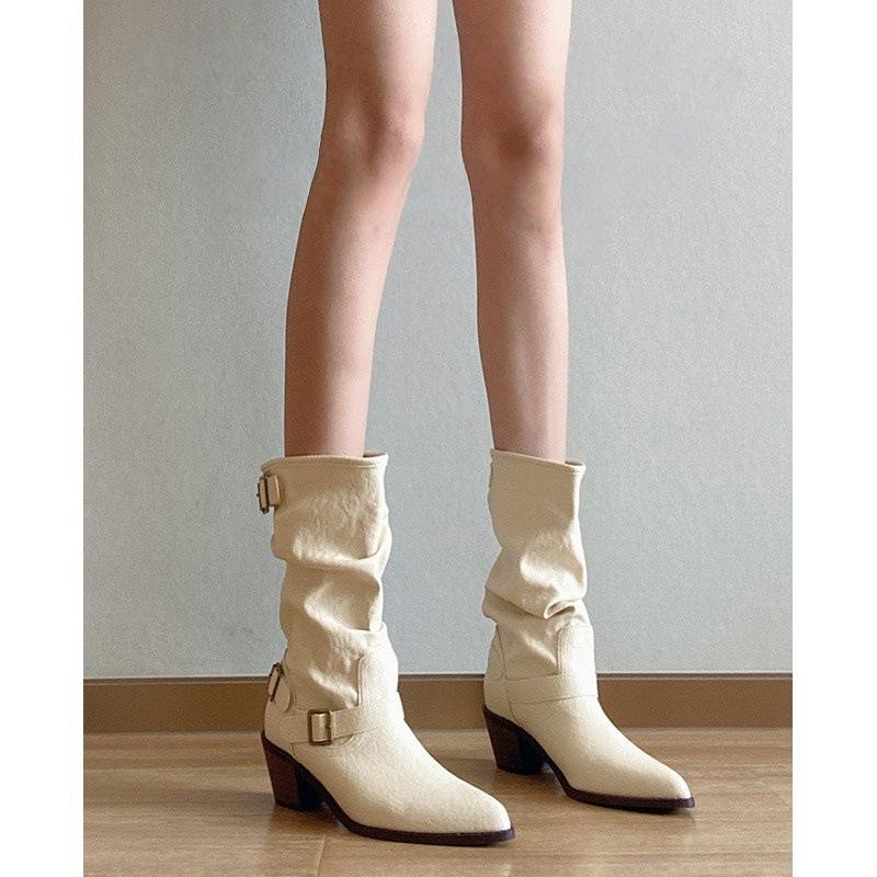 British Martin Boots Women's Thick Heel Skinny Short Western Cowboy Boots White Pointed Pile Boots