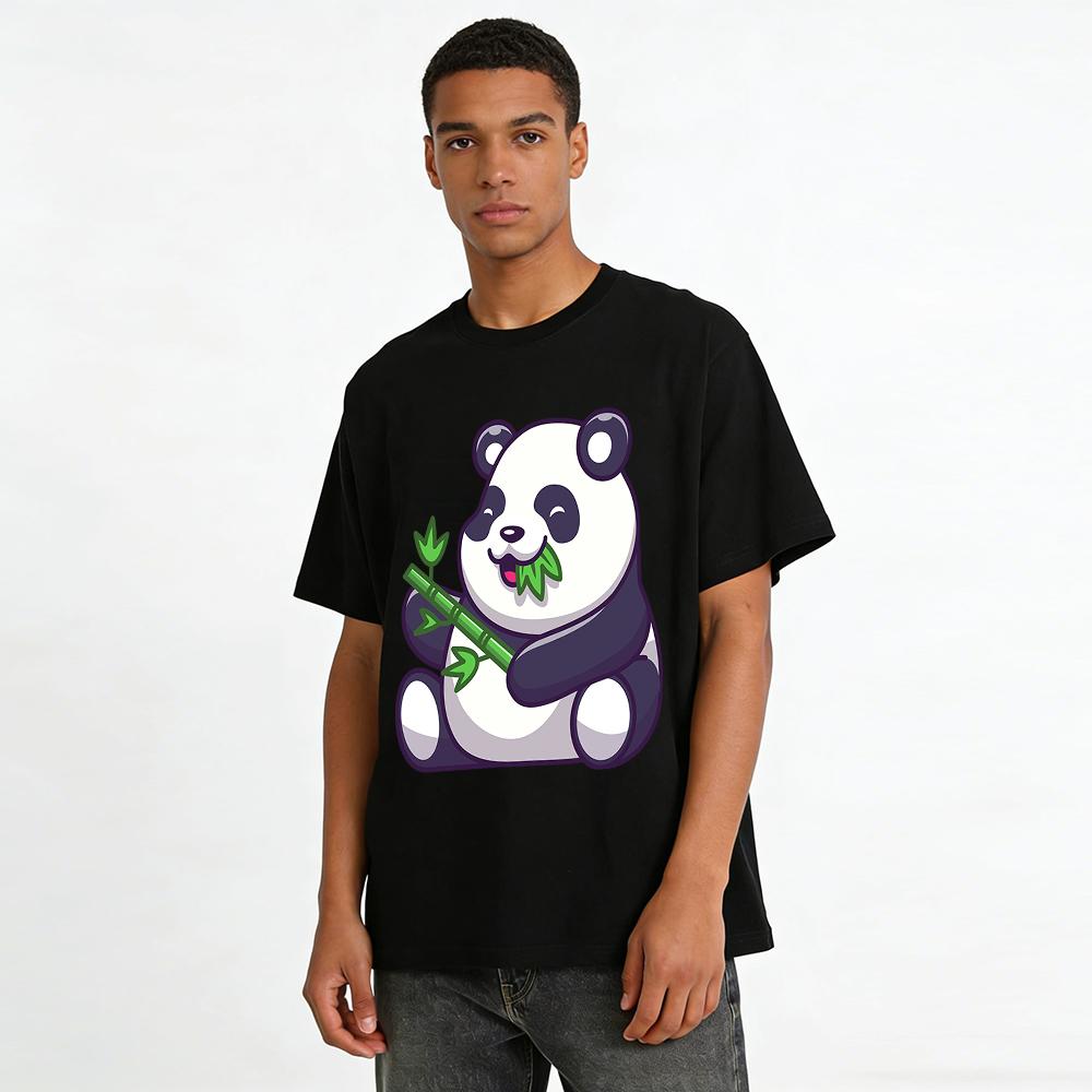 Cartoon Panda Holding Bamboo Graphic Casual T-Shirt Pure Cotton T-shirt