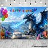Un drapeau 2D - Bannière d'arrière-plan Thème Anniversaire Dragon de Glace, avec un dragon bleu, un gâteau d'anniversaire et des ballons colorés