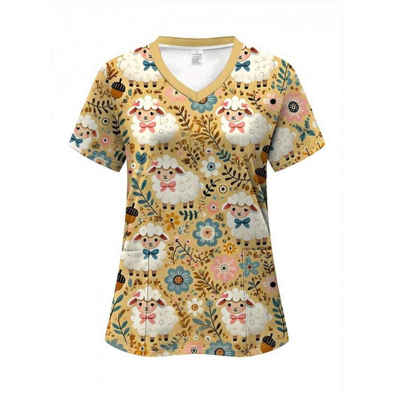 Womens V-Neck Short Sleeve T-Shirt With 3D Print Design Lightweight Breathable Casual Daily Wear