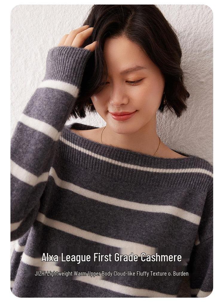 2026 Autumn/Winter Women's One-Shoulder Cashmere Sweater, Color Block Stripe, Versatile Slimming Pullover