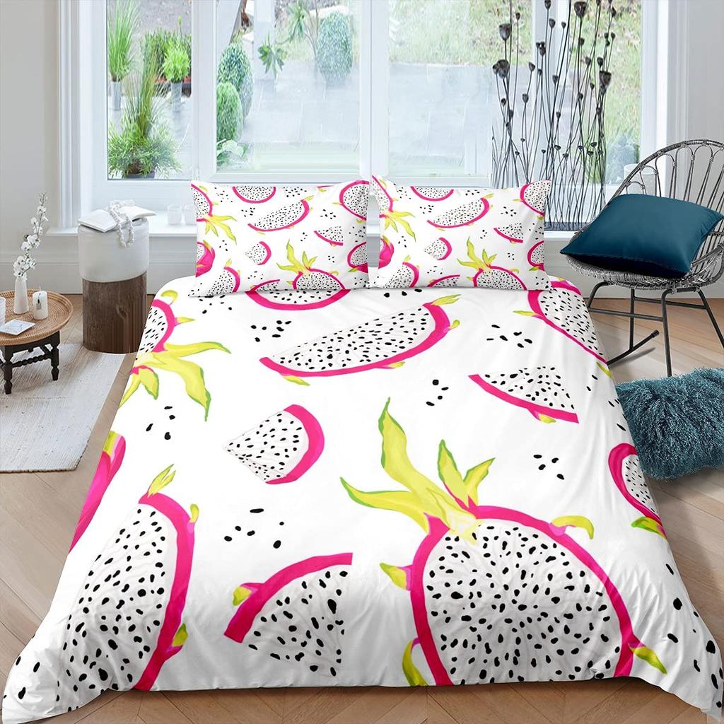 Pitaya Comforter Cover Set Tropical Fruit Theme Duvet Cover Modern Fashion Pink Bedding Set 3pcs for Boys Girls Microfiber Cover