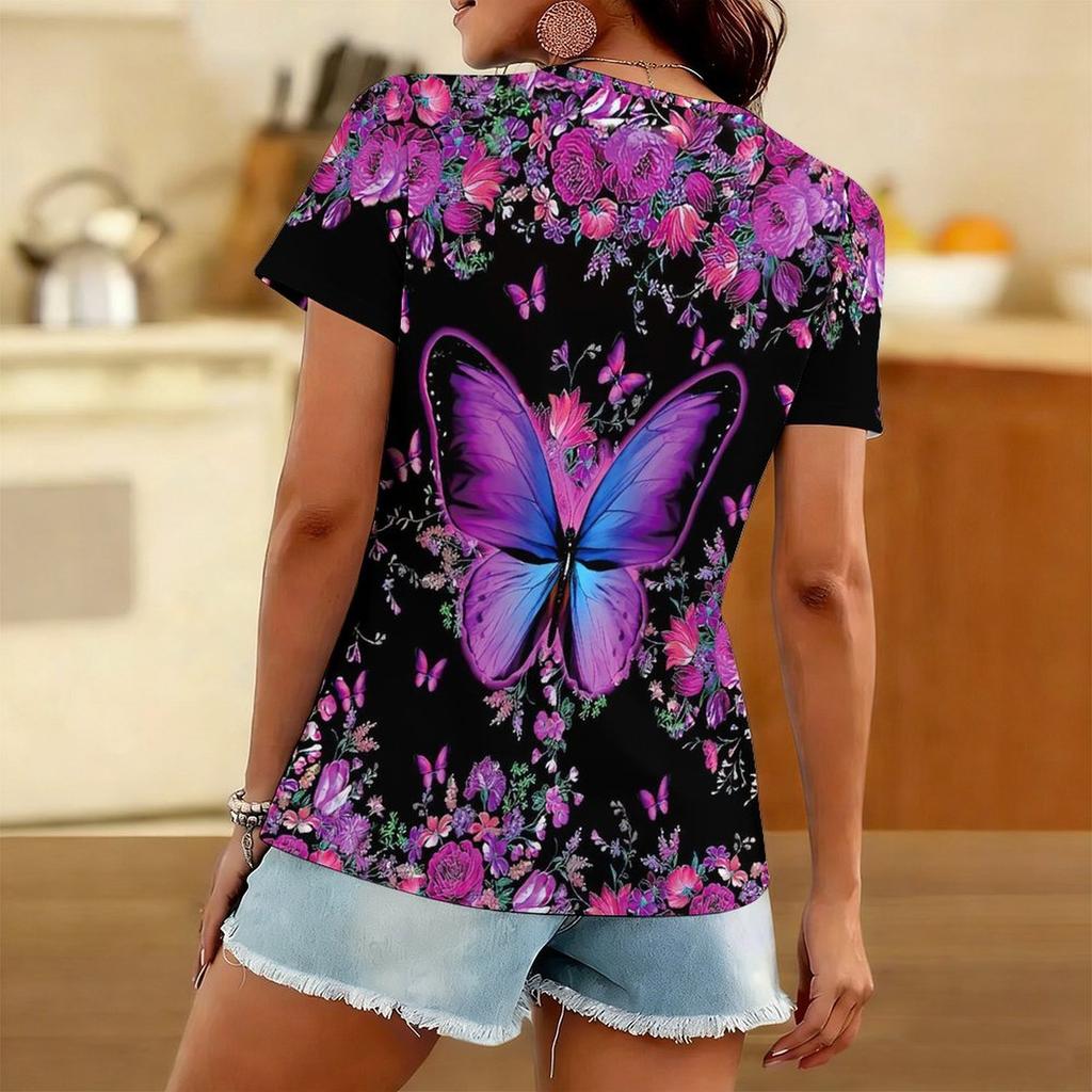 Women Square Neck Short Sleeve Top Vibrant Rainbow Oil Painting Butterfly Print Blouse