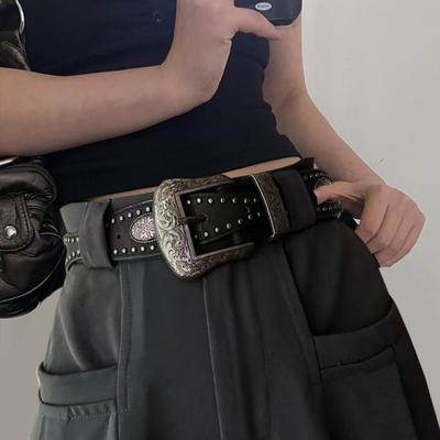 Fajny PU Vintage Pasek do Talii Styl Amerykański Kawa Y2K Pasek Klamra Czarny Nitowany Pasek Kobiety